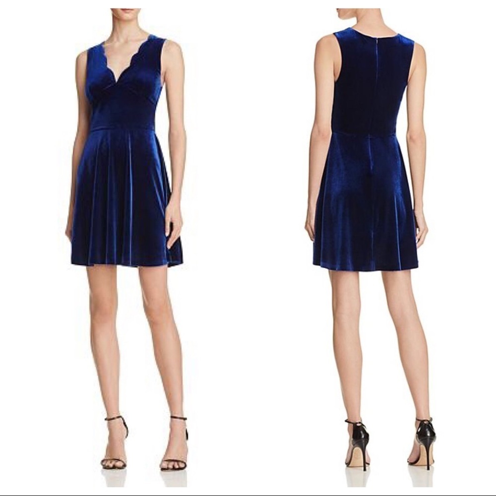 AQUA Navy Blue Velvet Scalloped V Neck Dress Small